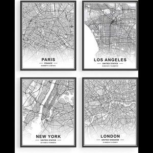 Black White City Wall Art Paris New York City London Los Angeles Set of 4 Prints